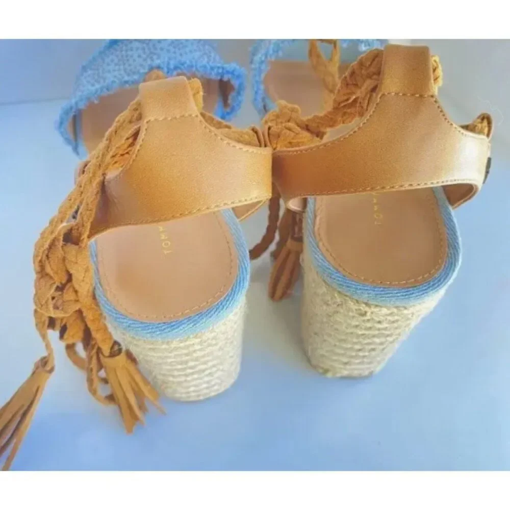 Tommy Hilfiger Women Blue Tan Studded Espadrille Tie-Up Wedge 8M
